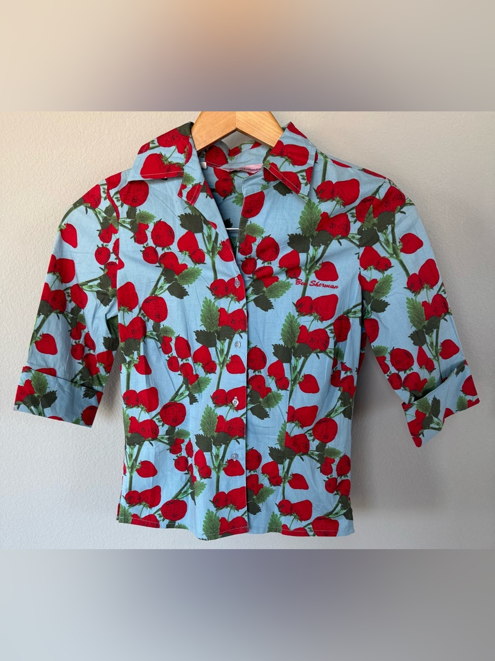Ben Sherman Y2K Strawberry Print Button Down | XS | Light Blue Red | Vintage
